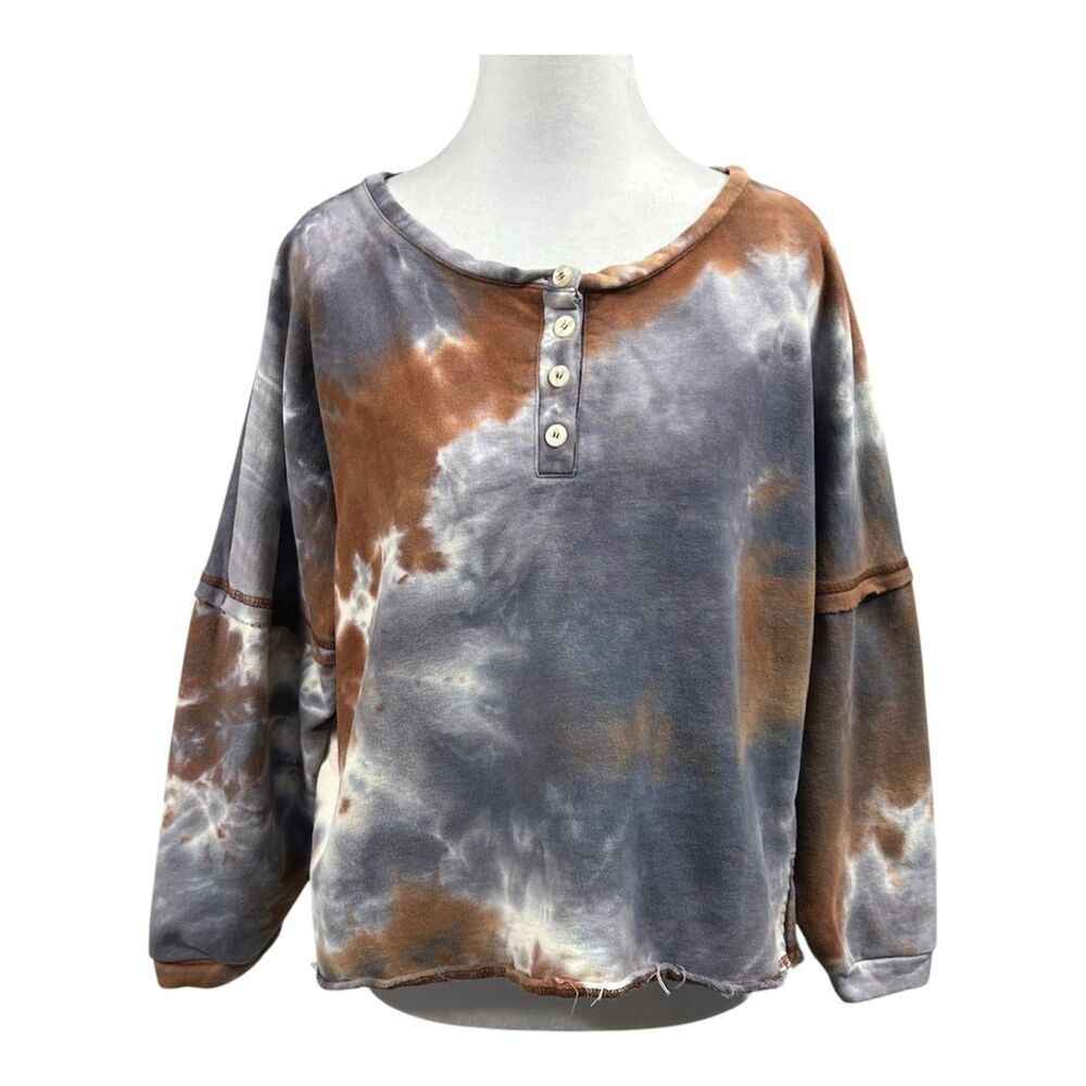 Amaryllis x Ashlee Nichols Brown Blue Tie Dye Henley Puff Sleeve Sweatshirt Sz S